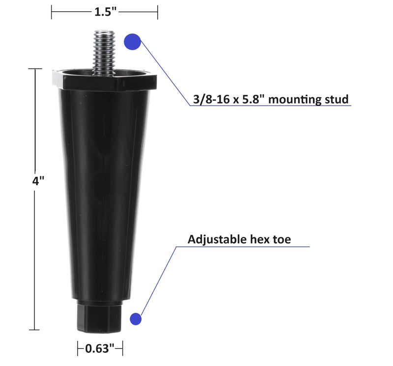 OCSParts OCS Parts 4-Pack Black Thermoplastic Appliance Legs | Adjustable Height 4-Inch Countertop Appliance Legs with 3/8-16 x 5/8"" Protruding Mounting Studs for Safe and Easy Installation (Hex Toe) - Image 2